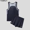 INCERUN Two Pieces Men Mesh Sheer Sleeveless Tank Tops and Shorts Sport Home Outfits Sets