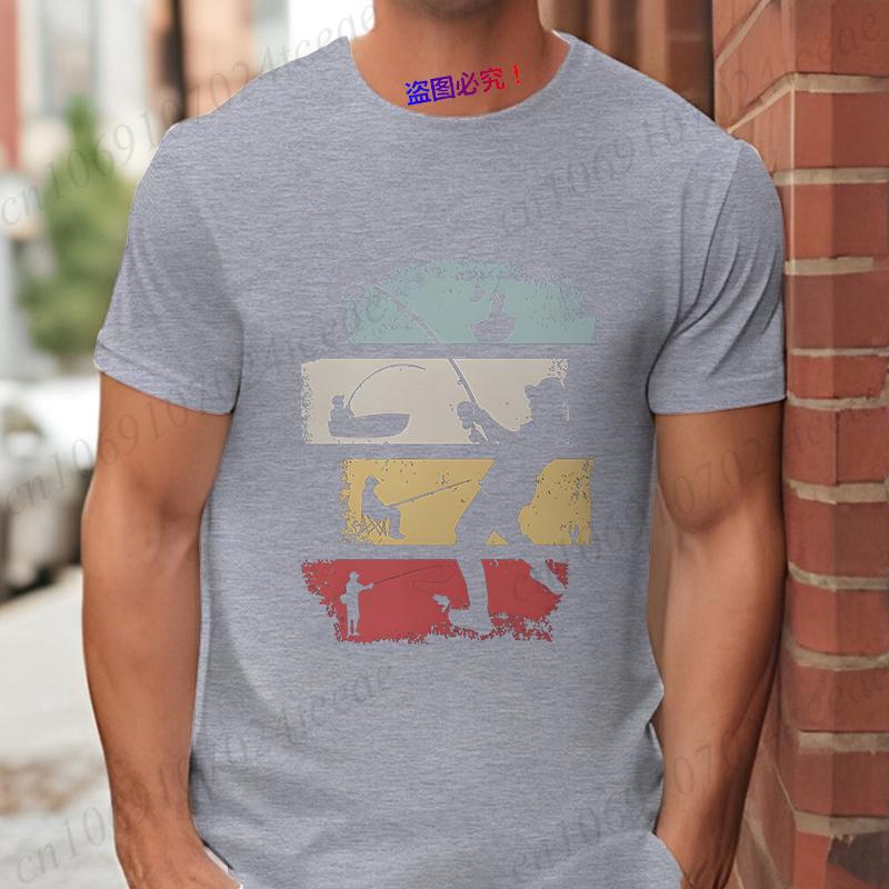 Vintage Fishing Men's T-Shirts Retro Color Block Fisherman Silhouette Graphic Tees Casual Short Sleeve Tops Oversized Clothing