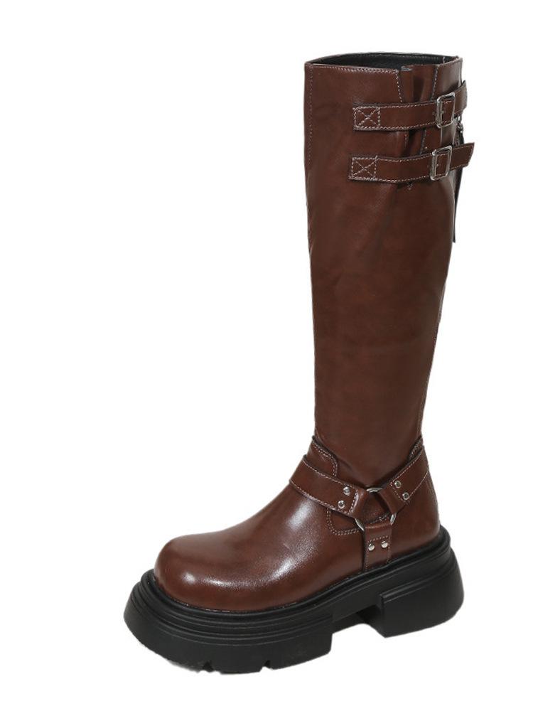 

Пряжка на ремне, но ботфорты до колена, длинные сапоги, женские осенне-зимние сапоги в стиле вестерн, ковбойские, рыцарские сапоги, толстый каблук, толстая подошва 40