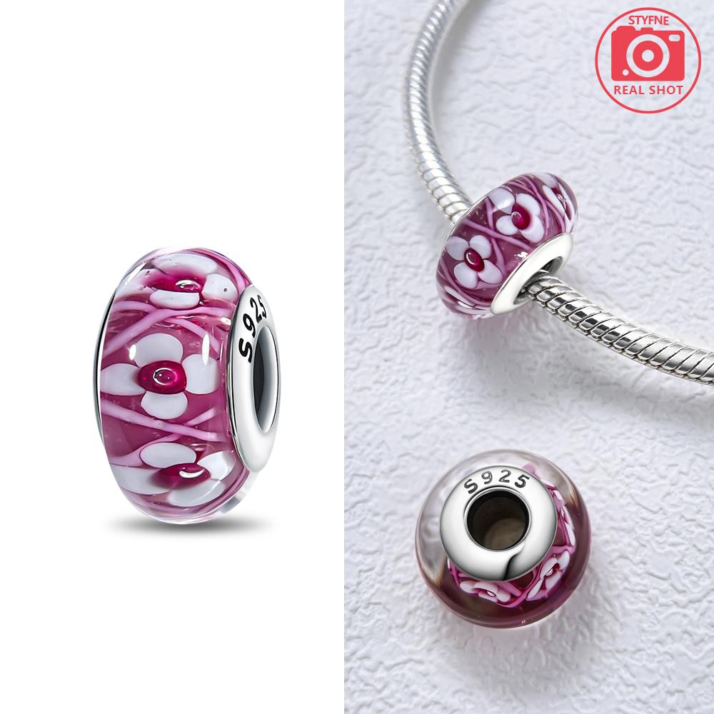 Pink Flowers Murano Original Glass Beads Copper Colors For Charms Copper Colors Original Bracelet For Jewelry Making