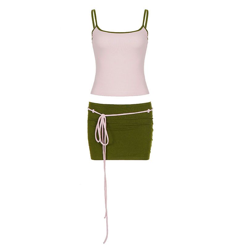 Resort-Style Beach Fashion, Contrasting Colors, Sexy Hottie Suspender Skirt Suit, Women's Lace-Up Sweet and Spicy Two-Piece Set