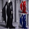 Women Long Dress V-Neck Flared Sleeves Solid Color Irregular Sway Design Lace-Up Gown Robe Halloween Costume