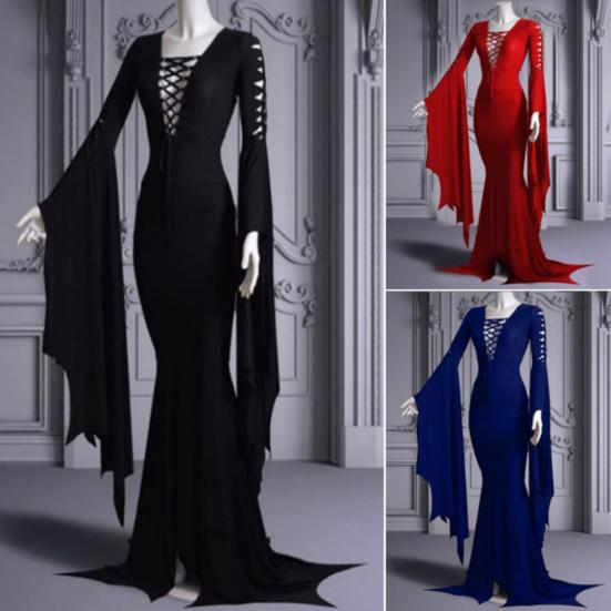 Women Long Dress V-Neck Flared Sleeves Solid Color Irregular Sway Design Lace-Up Gown Robe Halloween Costume