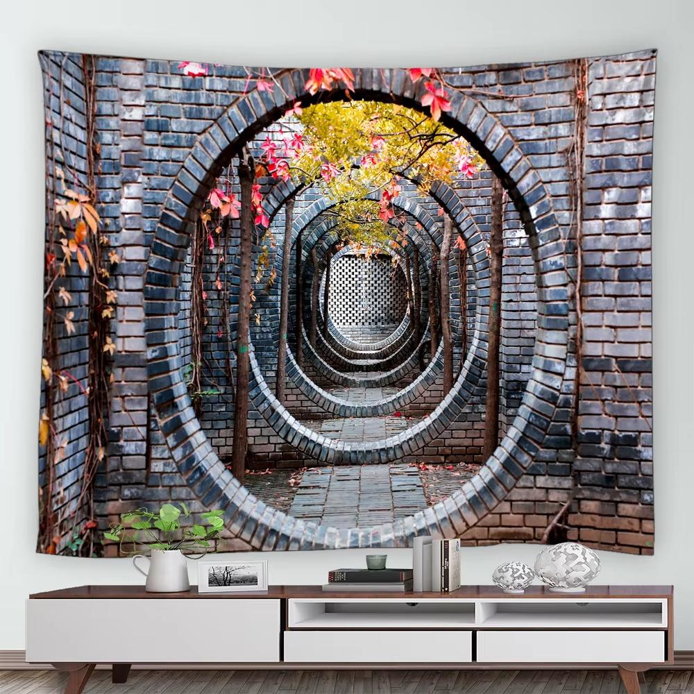 Street Flower Scenery Tapestry Vintage Blue Wooden Door Floral Plants Nature Landscape Home Garden Decor Wall Hanging Picnic Mat