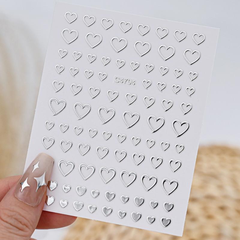 5Sheets Metal Silver Nail Stickers Metallic 3D Star Nail Art Stickers Decals Self-Adhesive Nail Art Stickers Metal Chain Heart