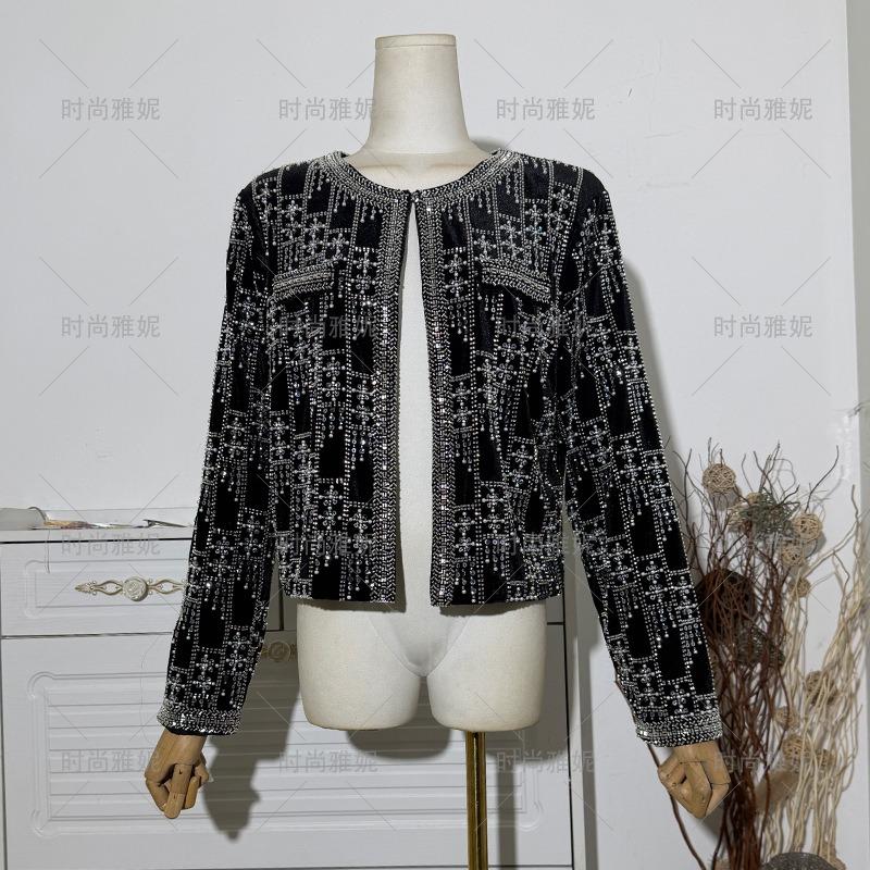 Fashion Yani Black Heavy Industry Sequined Beaded Short Jacket Women's Crew Neck Slim-fit Pearl Cardigan Top Tide