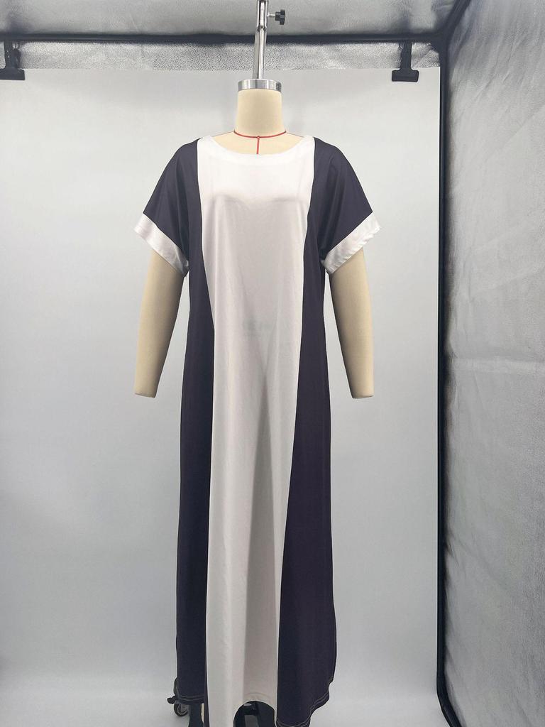 2026 Spring Color Block Print Round Neck Loose Women's Dress