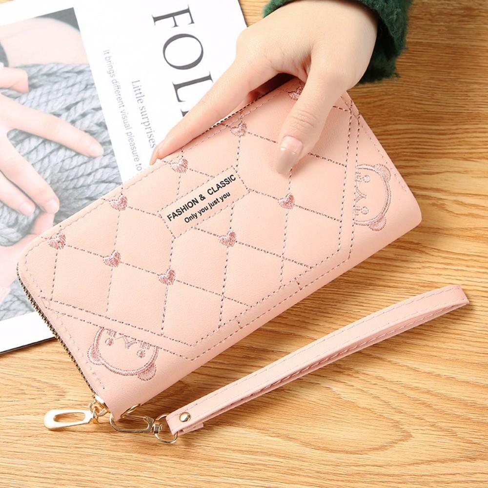 Fashion PU Leather Long Wallet Zipper Large Capacity Coin Purse Embroidery Wristlet Handbag Women