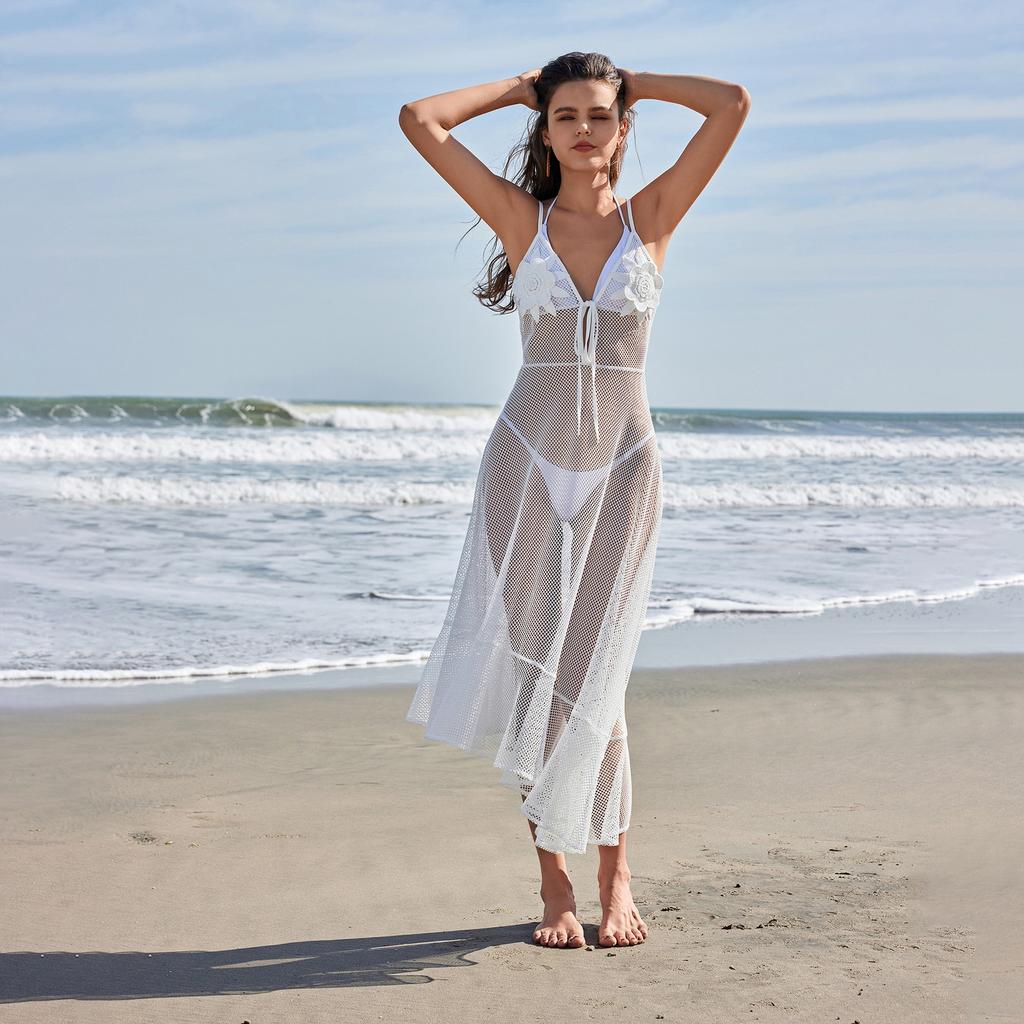 Beach Skirts for Women Solid Color Sexy Mesh Beach Bikini Swimsuit Hoodie Dress