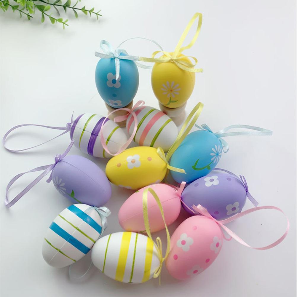12 Pcs Easter Eggs for Hanging Plastic Colorful Easter Eggs with Silk Ribbon Decorative Easter Eggs