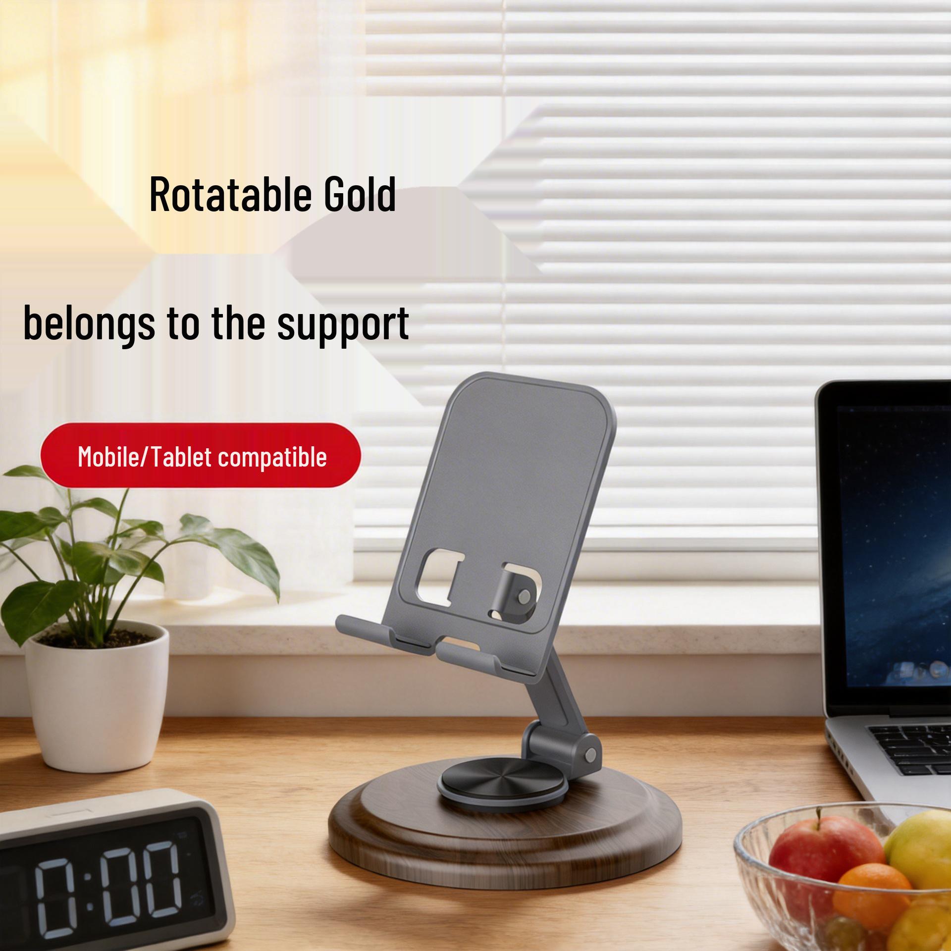 Walnut Wood Grain Rotating Phone & Tablet Holder: Portable Desktop Stand for Streaming & Viewing