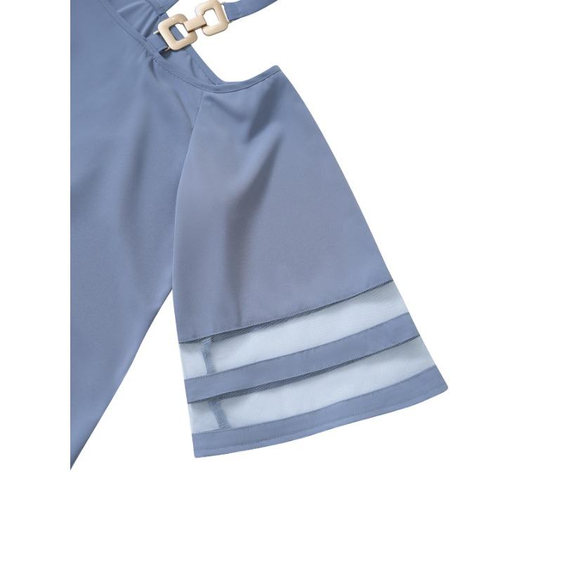 Spring Summer Blouses Women's Slanted Neck Shirt with Loose Five Quarter Sleeves Fashion Casual Solid Color Metal Buckle Single Shoulder Top Women