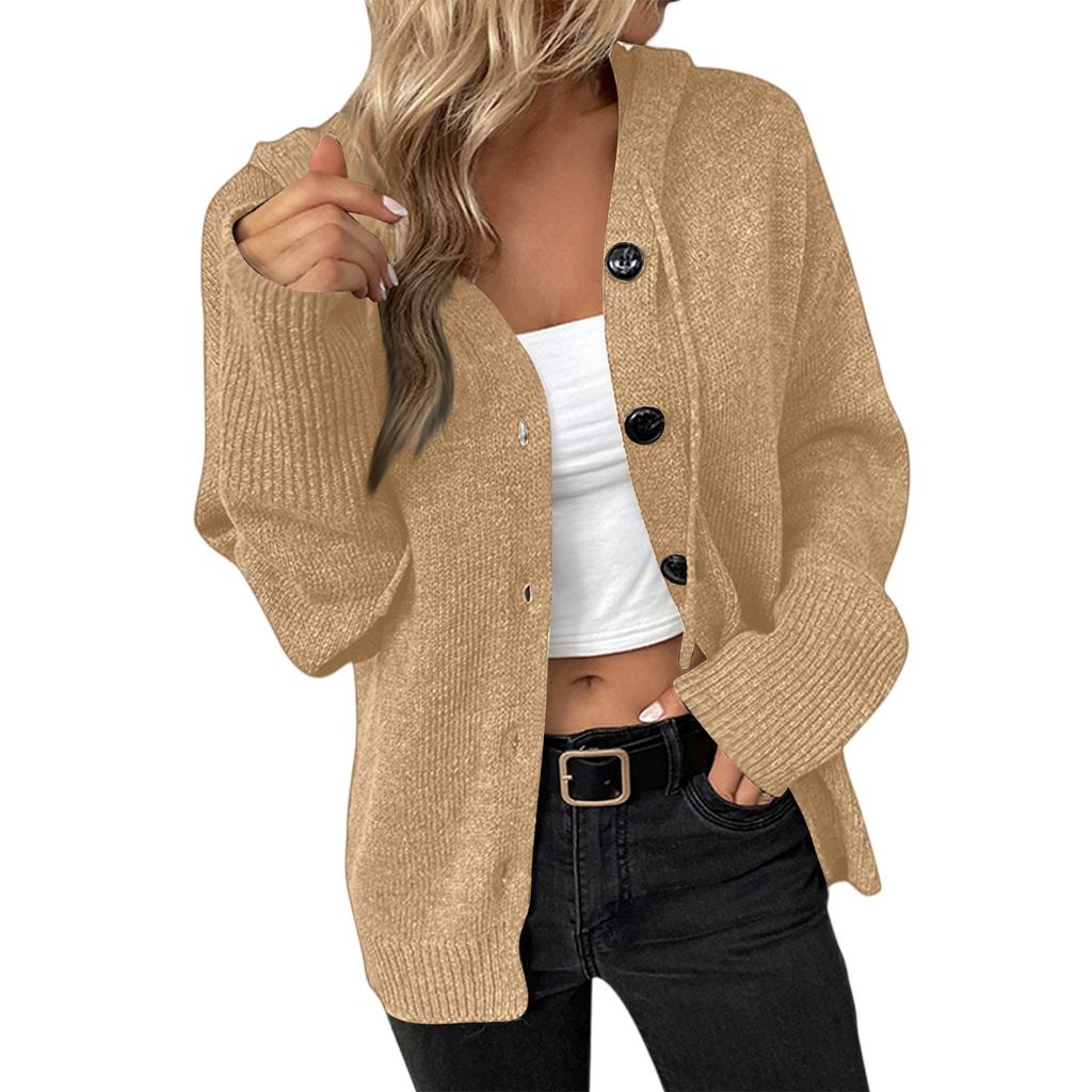Women's New Autumn-Winter V-Neck Solid-Color Single- Knit Sweater Hooded Cardigan