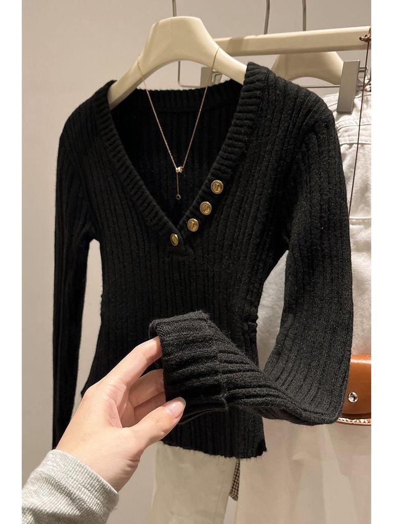 Elegant V-neck Slim Pullover Sweater - New Winter Style, All-Match French Long-Sleeve Top