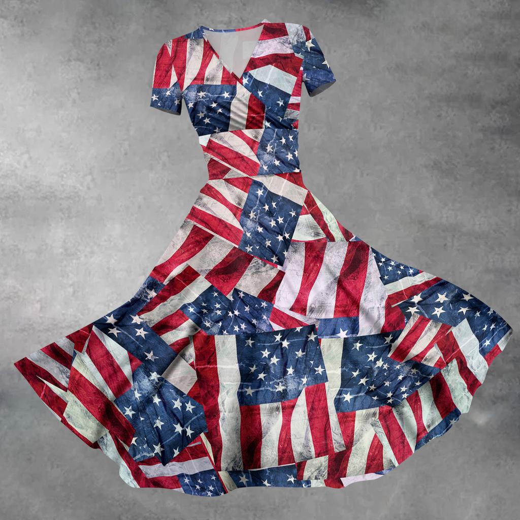 Women's Fashion Casual Independence Day Printed Short Sleeve Dress Elegant Maxi Dress