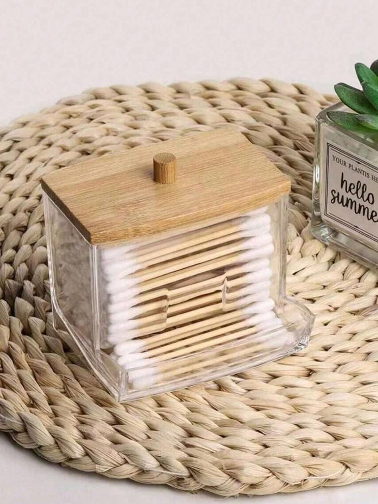 1 Pc Qtip Holder With Bamboo Lid, Clear Small Swab Dispenser, Ear Stick Swabs Holder