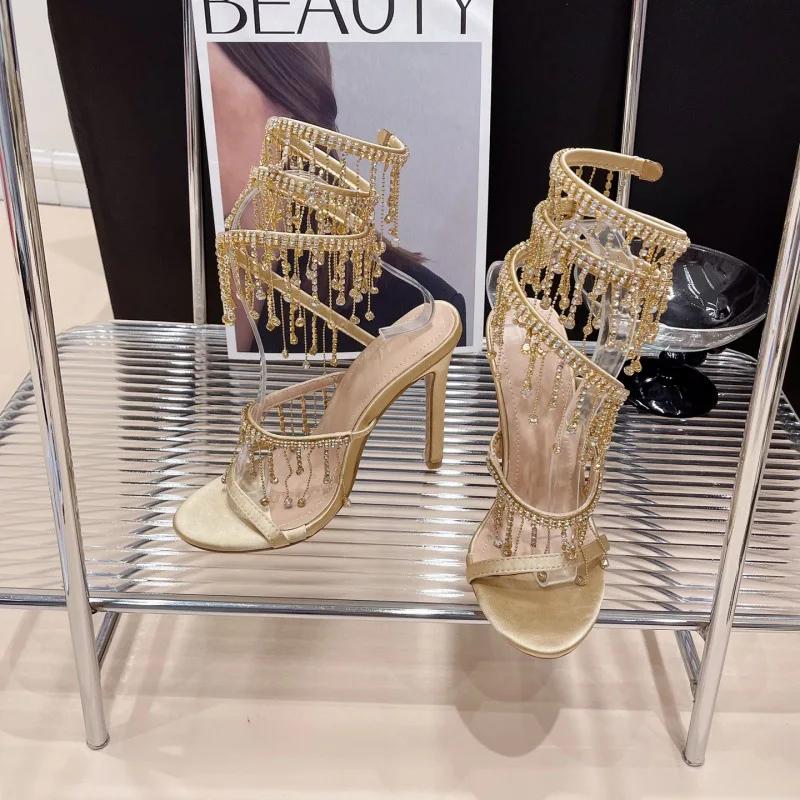 2024 Summer New Water Diamond Slim Heels Women's Shoes Wrapped Around the Feet Roman Style High Heel Sandals Large 42