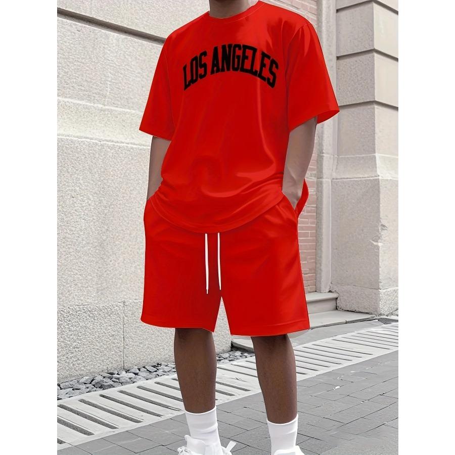 2026 New Men's Athletic Set Los Angeles Print Short-Sleeve T-Shirt Casual Athletic Set Streetwear Shorts Two-Piece Men's Set