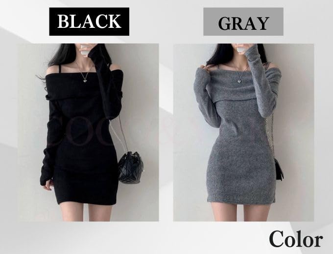 Coco Yuka Knit Tight Mini Sexy Tunic Dress with Long with Shoulder Straps Size & Off-the-Shoulder Dress, Sleeves, Off-the-Shoulder, Cute, Women's,