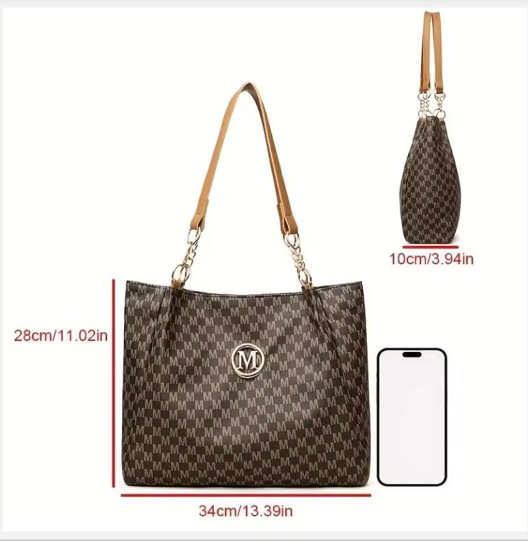 Vintage Geometric Tote Bag Synthetic Leather Letter "M" Design for Women Handbag Shoulder Bag Large Capacity Shopping Travel Bag