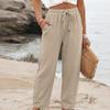 Women's Summer Wide Leg Pants, Elastic Waist Color Loose Fit Cotton Linen Trousers, Casual Long Pants