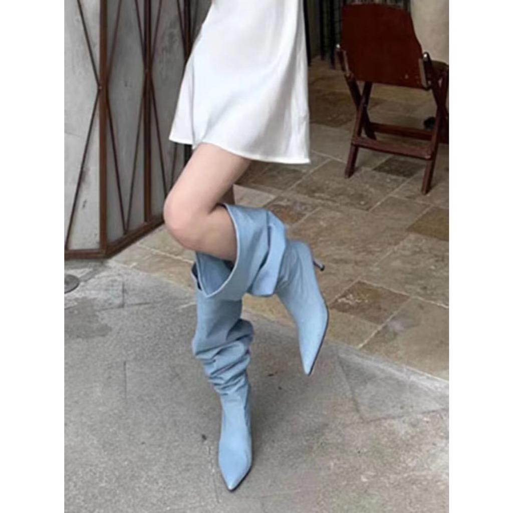 Wide Tube Big Tube Circumference Denim Stacking Boots Women's Summer 2025 New Pointed High Heel Boots Thin Heel High Boots
