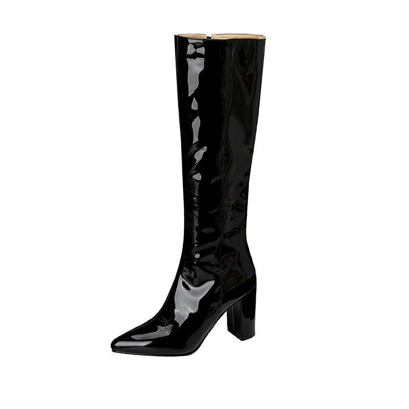  high boots pointed patent leather thick heel high heel side zipper  knee boots nightclub dance performance boots