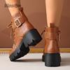 Fashion Platform Ankle Boots for Women Autumn Chunky Heel Lace Up Black Short Boots Women Buckle Strap Rivets Motorcycle Booties Size 35