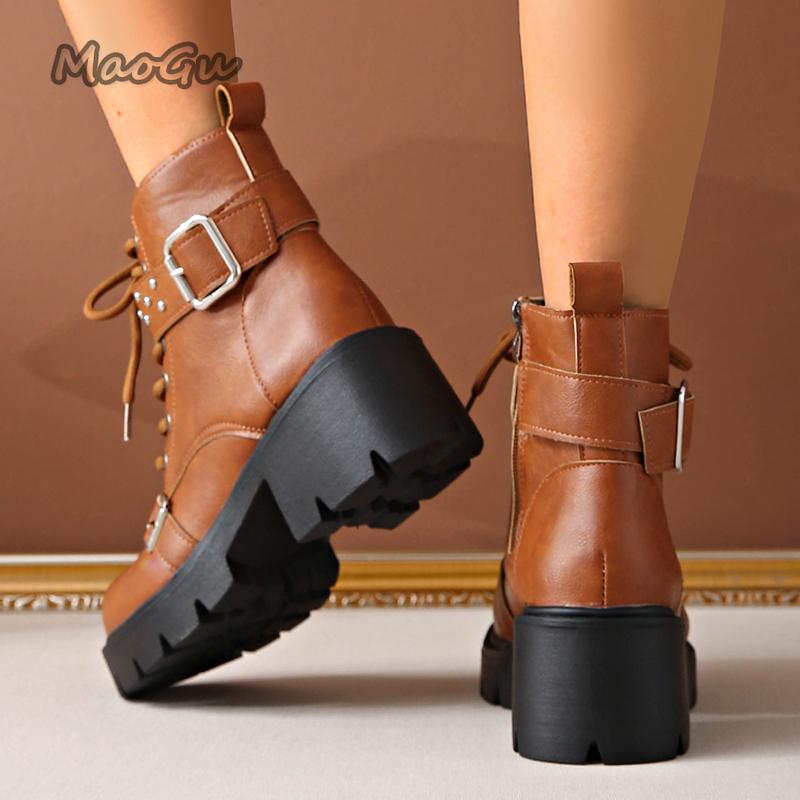 Fashion Platform Ankle Boots for Women Autumn Chunky Heel Lace Up Black Short Boots Women Buckle Strap Rivets Motorcycle Booties Size 35