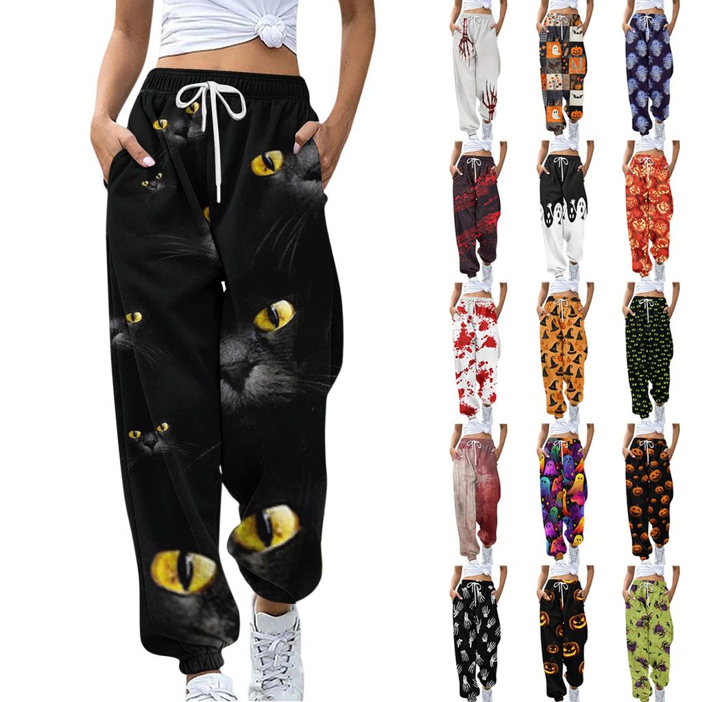 Sweatpants for Women Elastic Waist Drawstring Casual Pants Halloween Printing Pants with Pockets