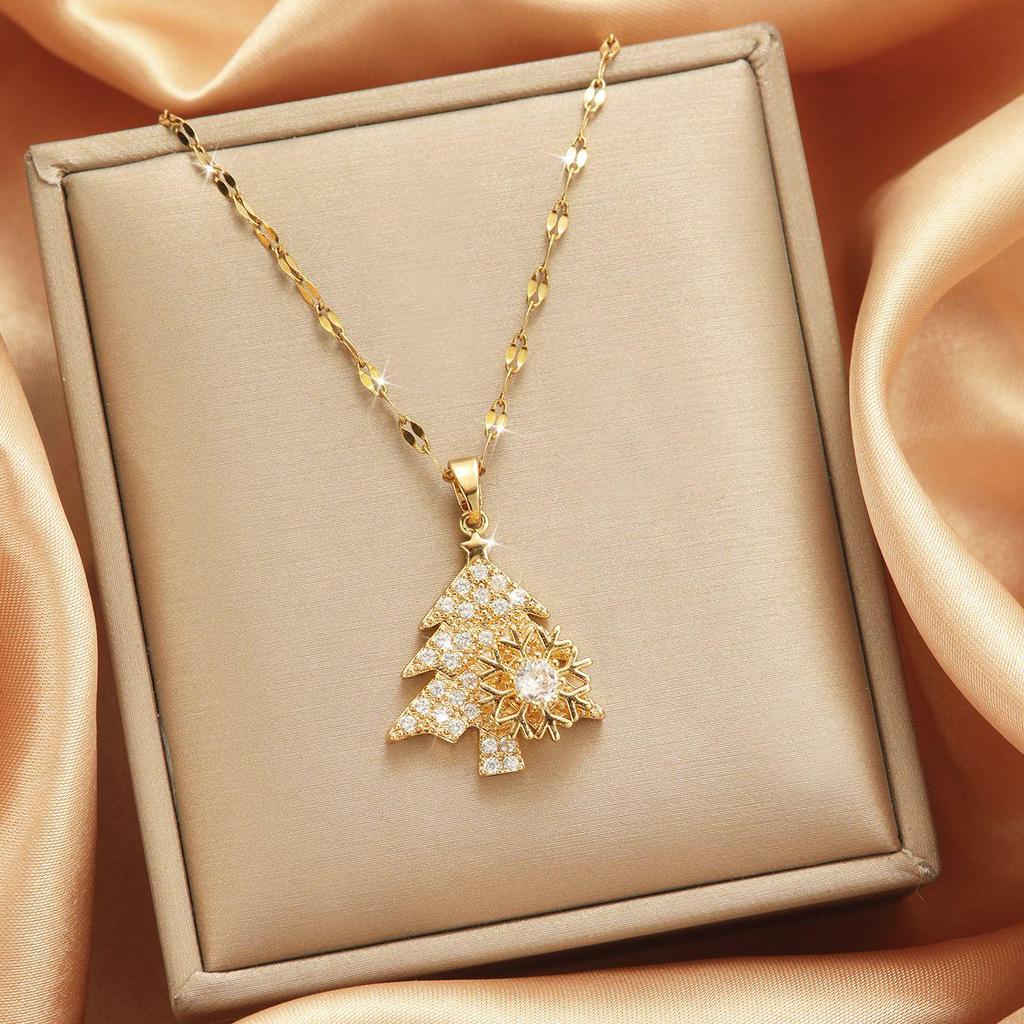 Rotatable Snowflake Christmas Tree Pendant Necklace, European & American Style, Women's Micro-Paved Diamante Fashion Clavicle Chain.