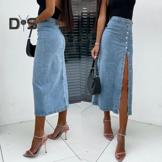 Women Denim Skirt High Waist Buttons Placket Solid Color Midi Skirt Irregular Slit Design Mid-calf Length Skirt