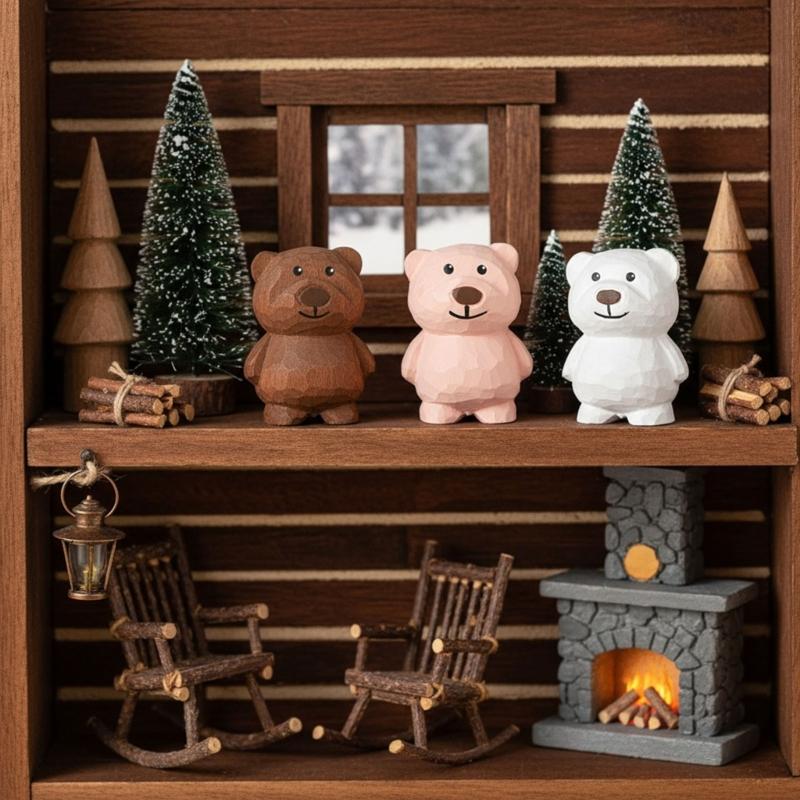 Wooden Bear Figurine Cute Decorative Accent Piece For Shelves Desks Bookshelves Basswood Design