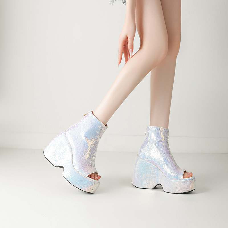 Krazing Pot Sequin Cloth Spring Summer Size 43 Size 42 Women Platform Women Peep Toe Toe Sexy Summer Boots Zipper Thick Bottom Pumps