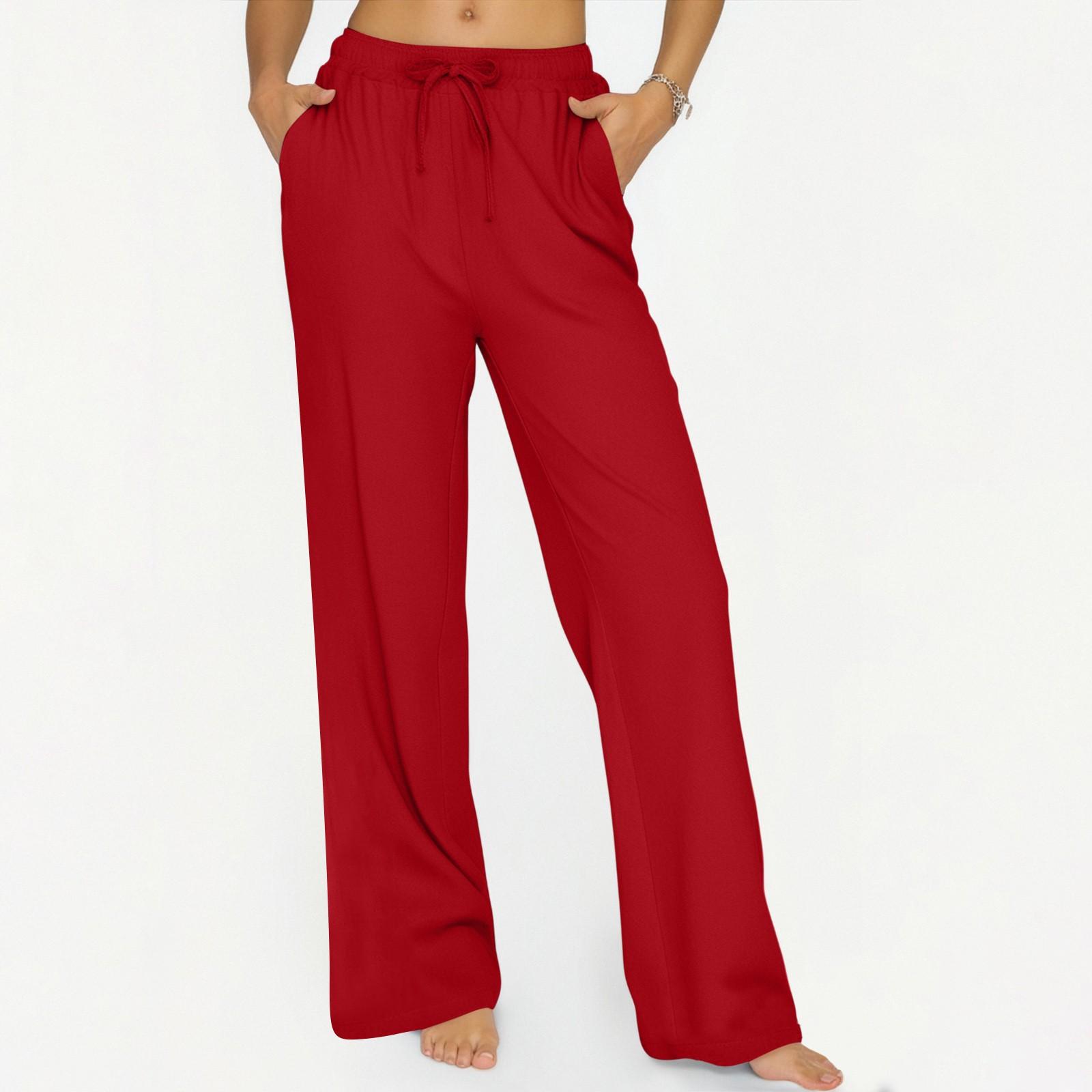 

Women s Casual Solid Color Cotton And Linen Wide Leg Pants With Elastic Waist Long Pants M червоний