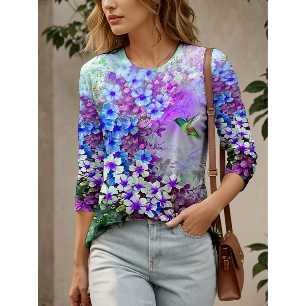Damen T-Shirts Blumen Grafik Vogel T-Shirts Mode Stilvoll Langarm Rundhals Regulär Oberteile