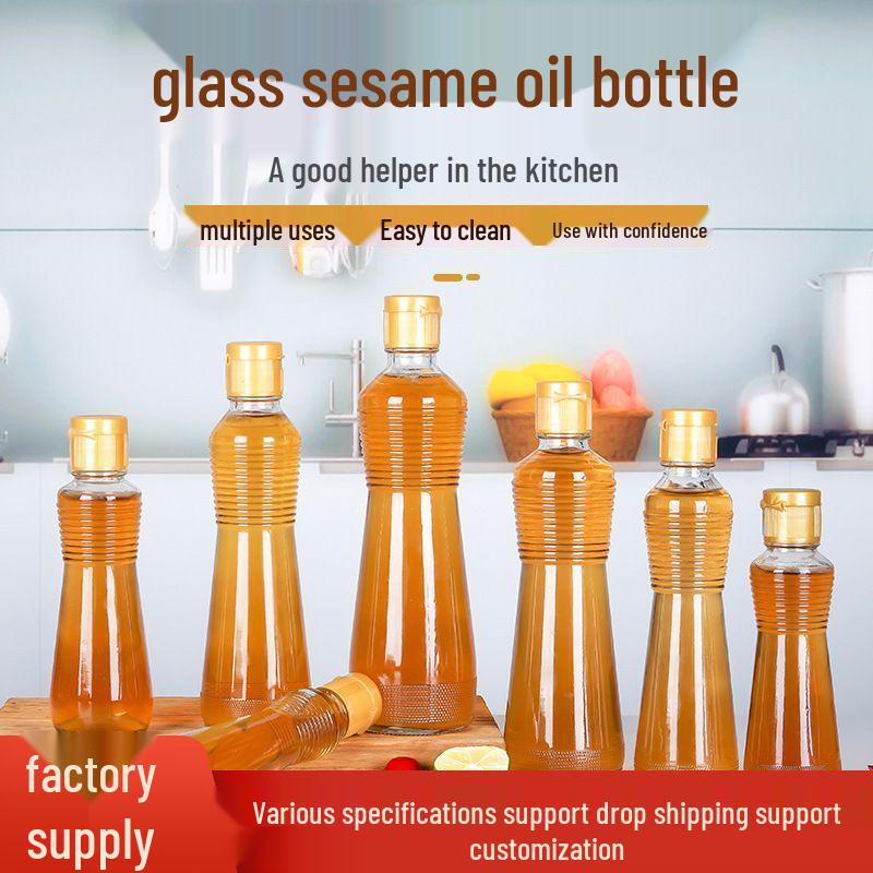 Sesame Oil Glass Bottle with Lid - Leakproof, Sealed, Empty for Kitchen or Commercial Use.