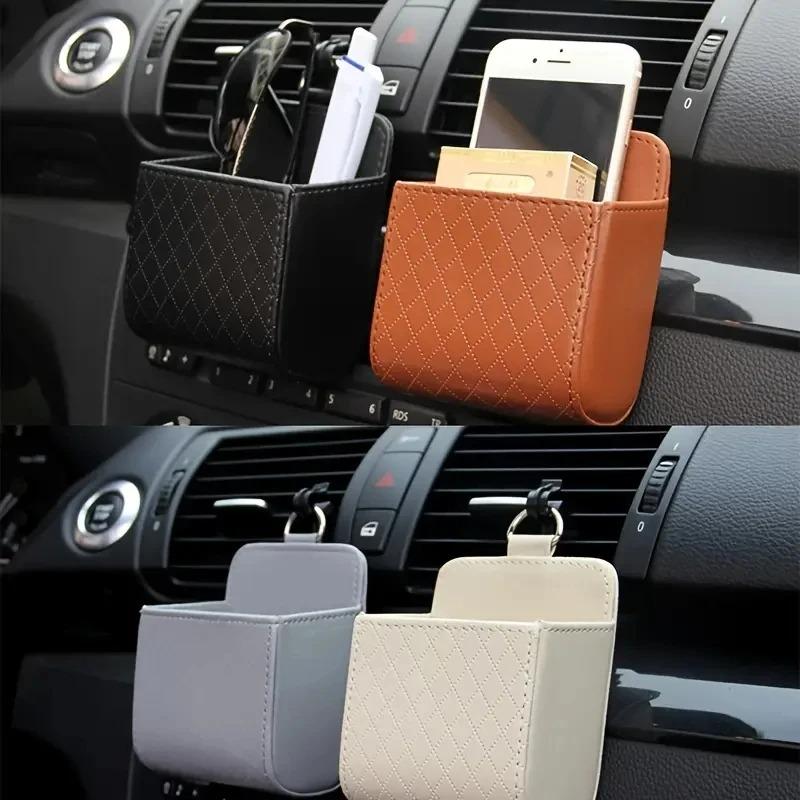 Universal Car Air Vent Phone Holder Bag Hanging Storage Organizer Pouch for Smartphone Glasses Keys PU Leather Car Accessories