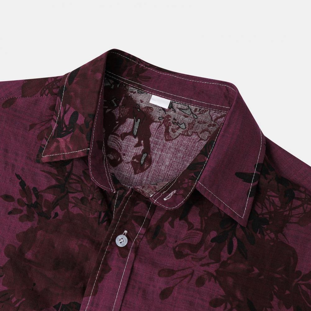 Summer Men Shirt Vintage Floral Print Turn-down Collar Single-breasted Short Sleeves Loose Cardigan Buttons Mid Length Top