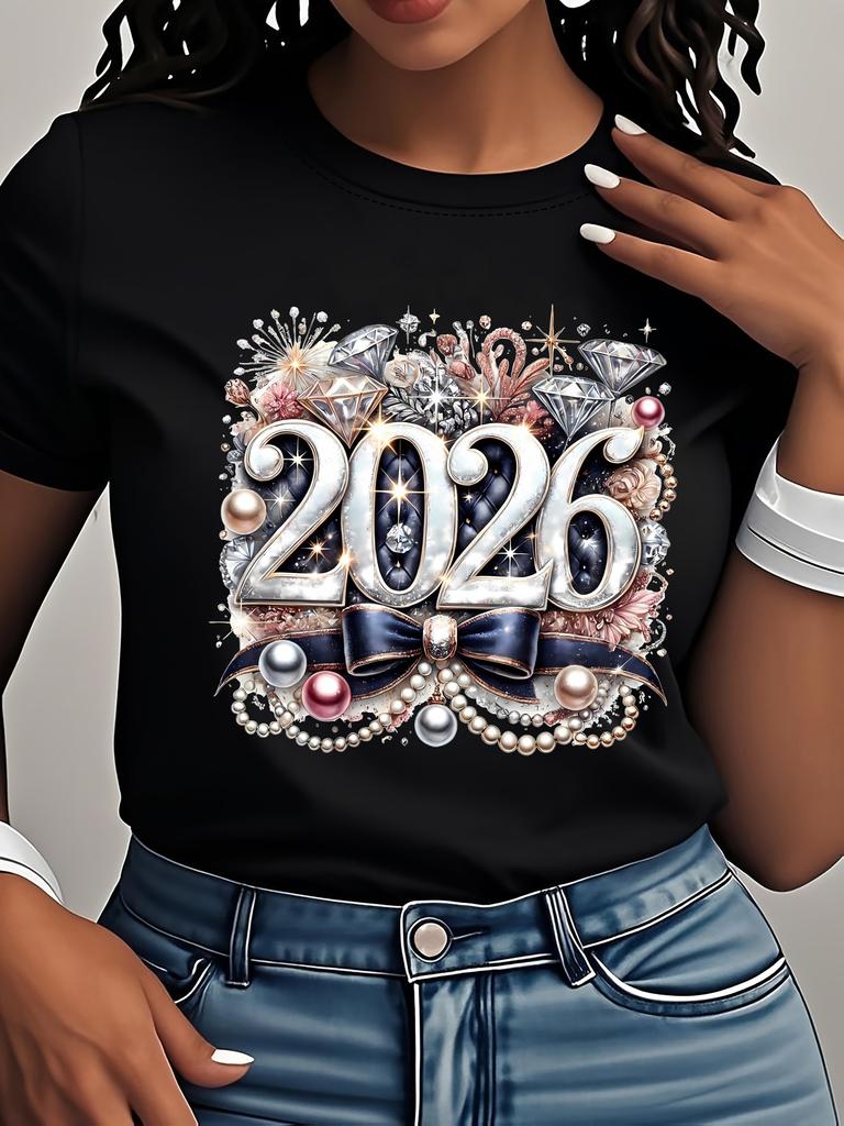 European Size Womens Happy New Year Tee Fashionable Glamorous Letter Graphic Print T Shirt Slogan Design Loose Casual Round Neck Short Sleeve