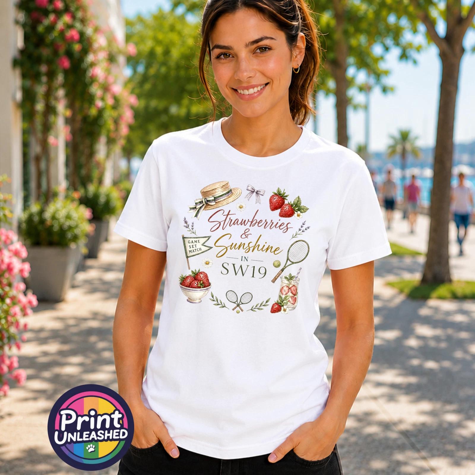 Summer Tennis T-Shirt Ladies Strawberries & Sunshine In SW19 Tee Gift S-2XL 6-18 L