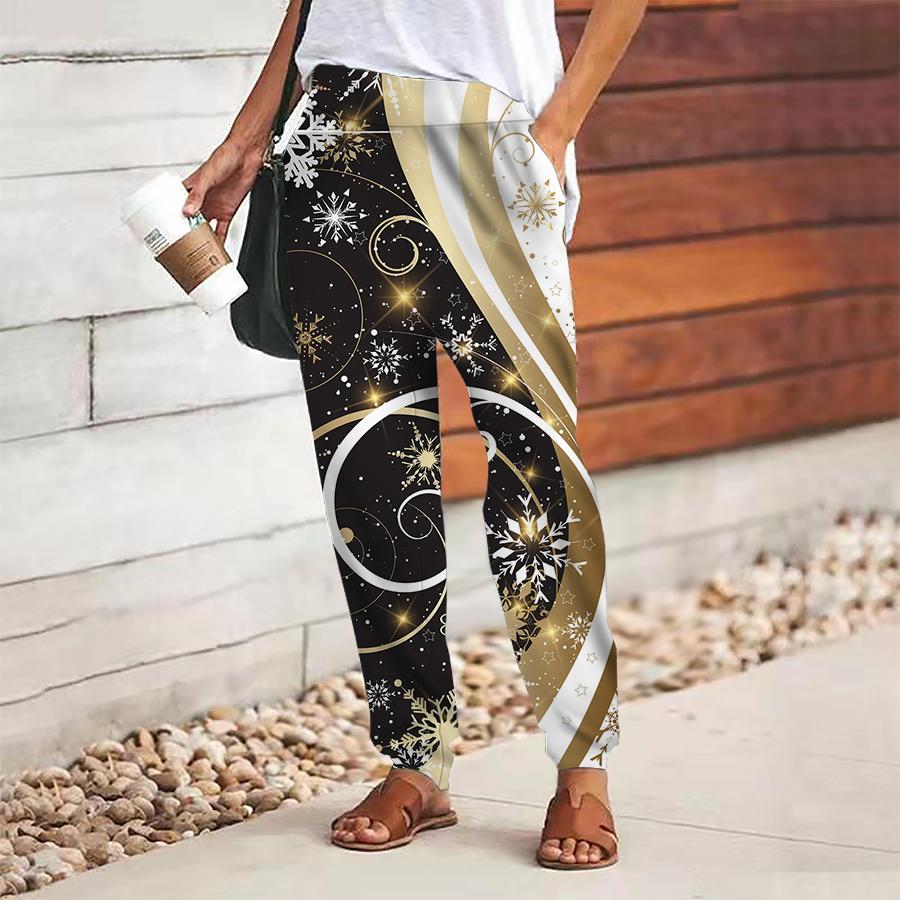 Women Leaf Printing Pants Lace Up Elastic Waist Loose  Trousers Casual Long Pants Trousers with Pockets