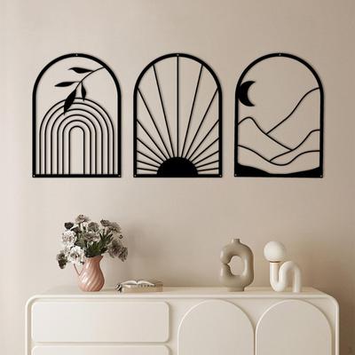 3x Boho Wall Art Decor,Leaves Sun Moon Display Artwork Metal Decor Sculpture for Home