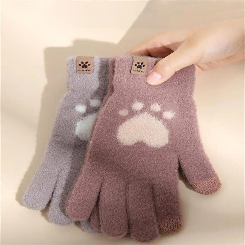 Fashion Cat Paw Printing Gloves Mobile Phone Touchscreen Knitted Gloves Winter Thick & Warm Adult Soft Fluffy Gloves Men's Women