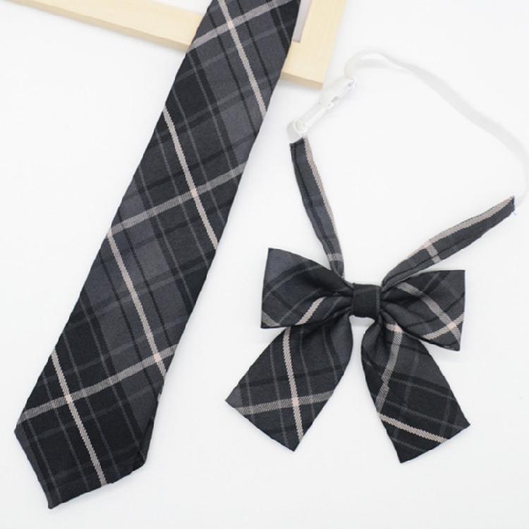 Adjusted Pre-Tied Necktie Vintage Gray Checkered Print Japanese College Bowtie