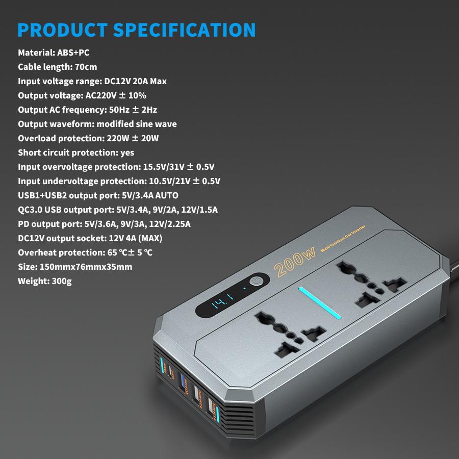 200W Portable Car Inverter DC 12V/24V to AC 220V Power Inverters Dual USB Ports Car Charger Adapter