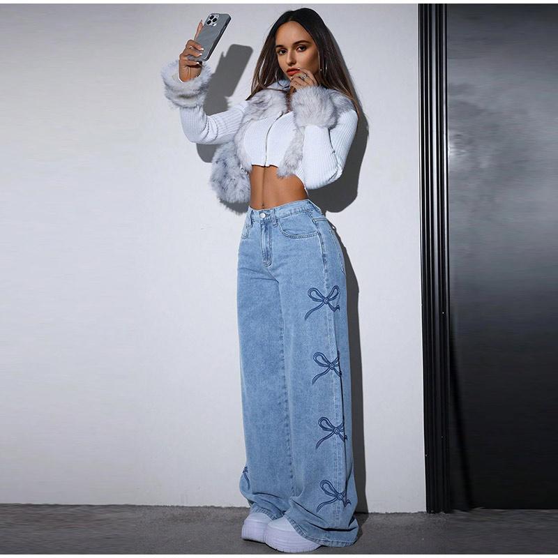 2026 Spring Summer New Korean Fashion Women Denim Pants Bow Design High Waist Loose Straight Distressed Baggy Jeans Female Streetwear