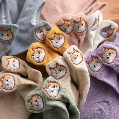 Women's Cute Cat Embroidered Cotton Socks Candy Color Ankle Socks Ladies Casual Socks