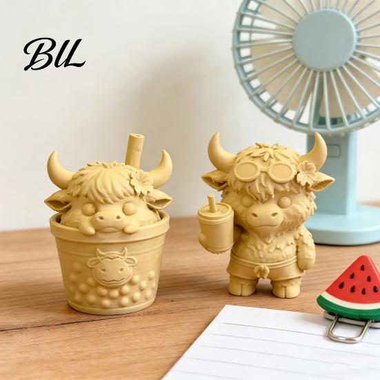 Home Office Table Decoration 2Pcs Cute Highland Cow Figurine, 3D Printed Bubble Tea Statues, Fun Desk Accessory Summer Farmhouse Style Desktop