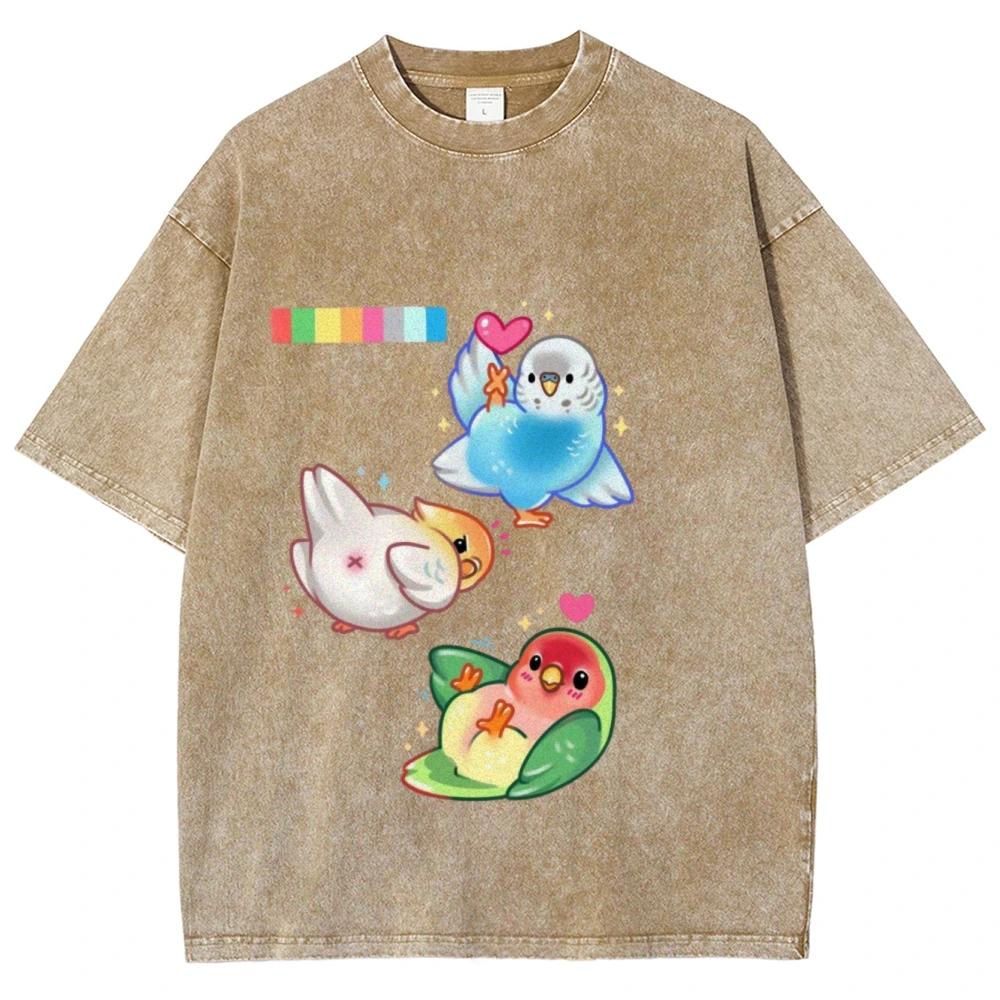 Bird Animal Print Washed T-shirt Ladies Cute Pet Bird Logo Funny Casual White Shirt Short Sleeve o-collar T-shirt Printing S разноцветный